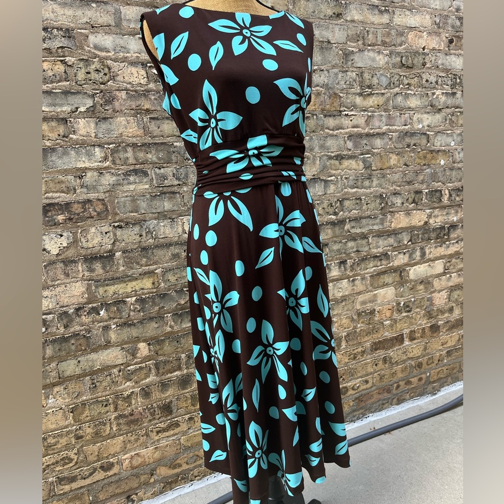 Jessica Howard Ruched Midi Dress Hawaiian Print Floral Chocolate Blue Size 12 - Picture 9 of 10